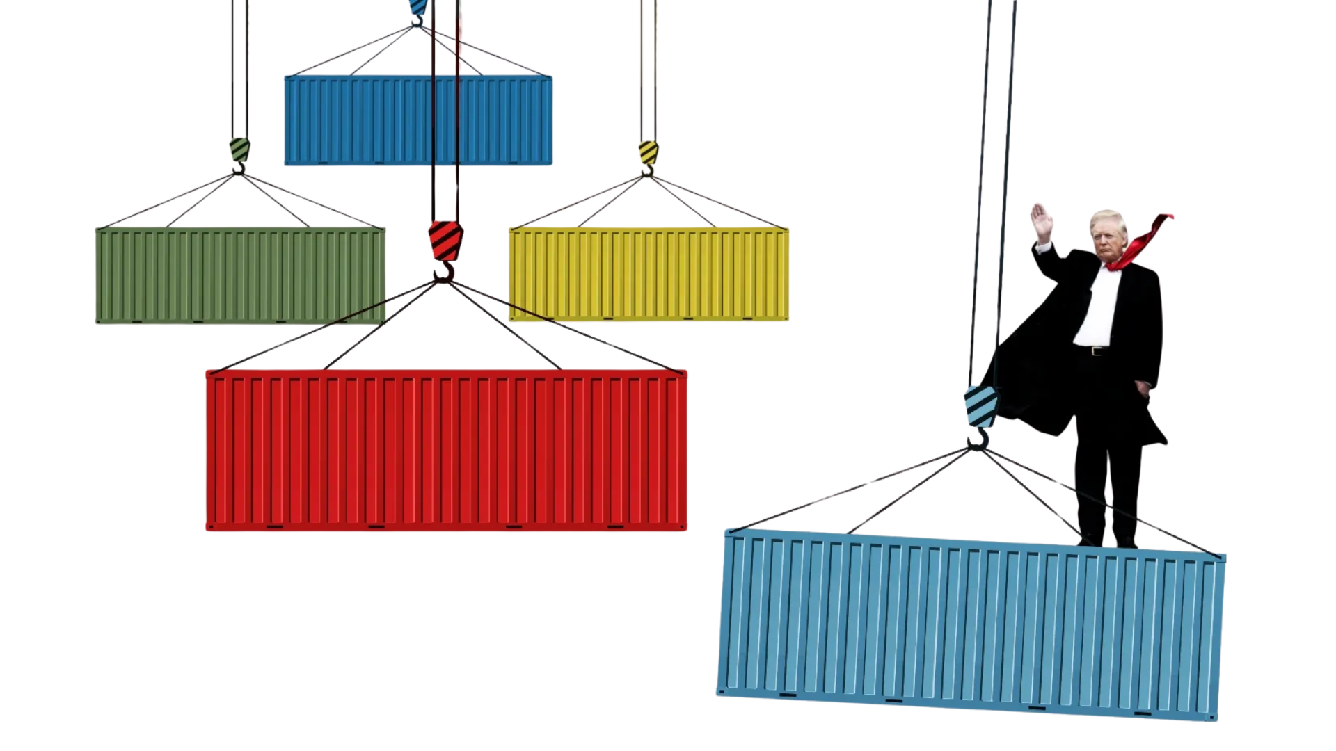 Illustration of brightly colored shipping containers hanging from crane hooks, with Donald Trump waving from the top of one.